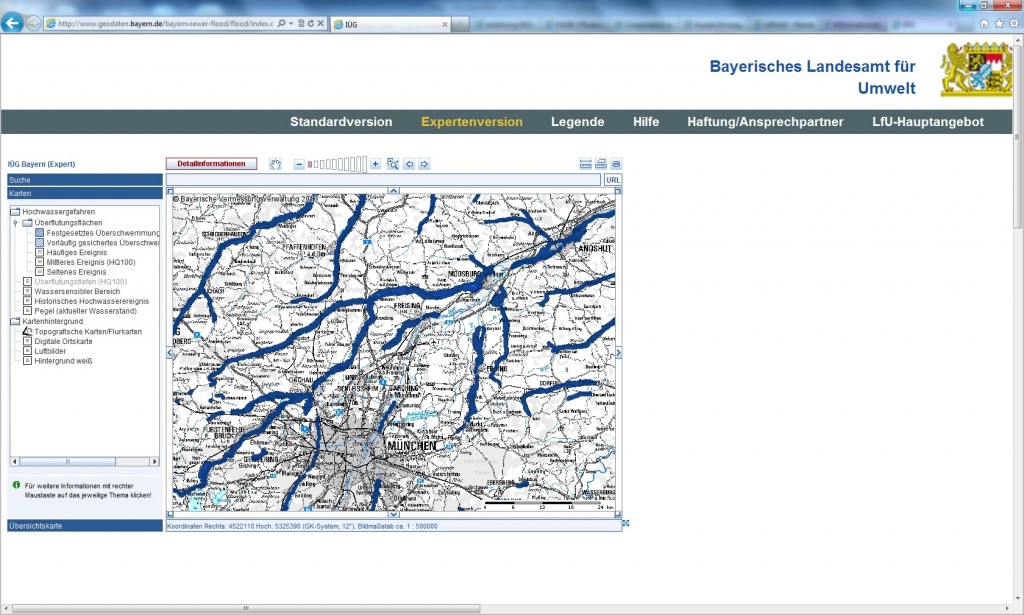 Über den Geodaten-Dienst des Bayerischen Landesamts für Umwelt können Projektplaner Überschwemmungsgebiete lokalisieren. (Quelle Screenshot: www.iug.bayern.de)